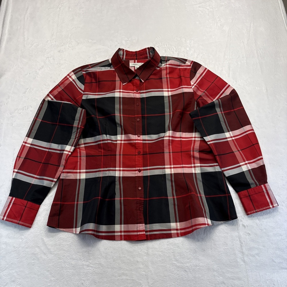 Coldwater Creek Shirt Womens XL Red Black Plaid Silk Button Down Long Sleeve